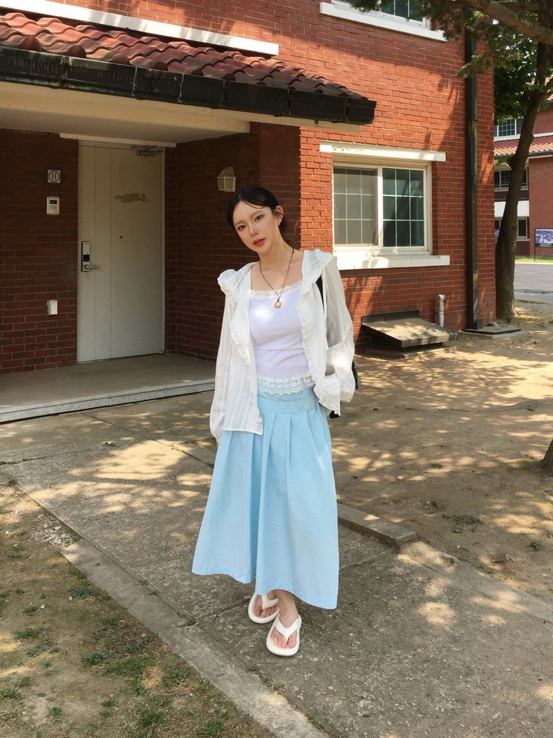 Button Minimal Pin-tuck Sagging Skirt (3c)