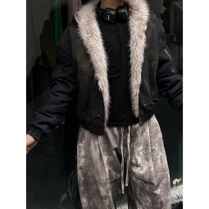 D quilted hooded denim fur cropped padded jacket