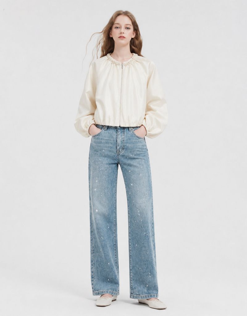 [PRE-FALL] Celie Pearl Trim Balloon Sleeve Zip-Up Blouson Ivory