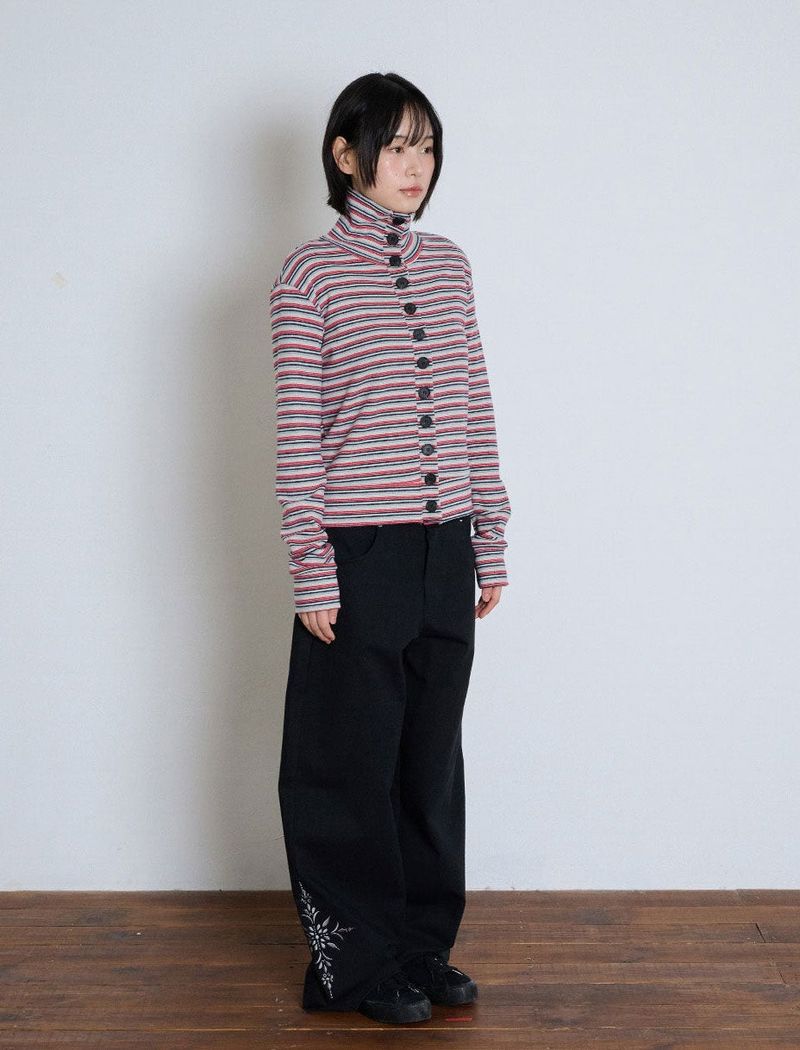 STRIPED HIGH NECK BUTTON CARDIGAN - GRAY
