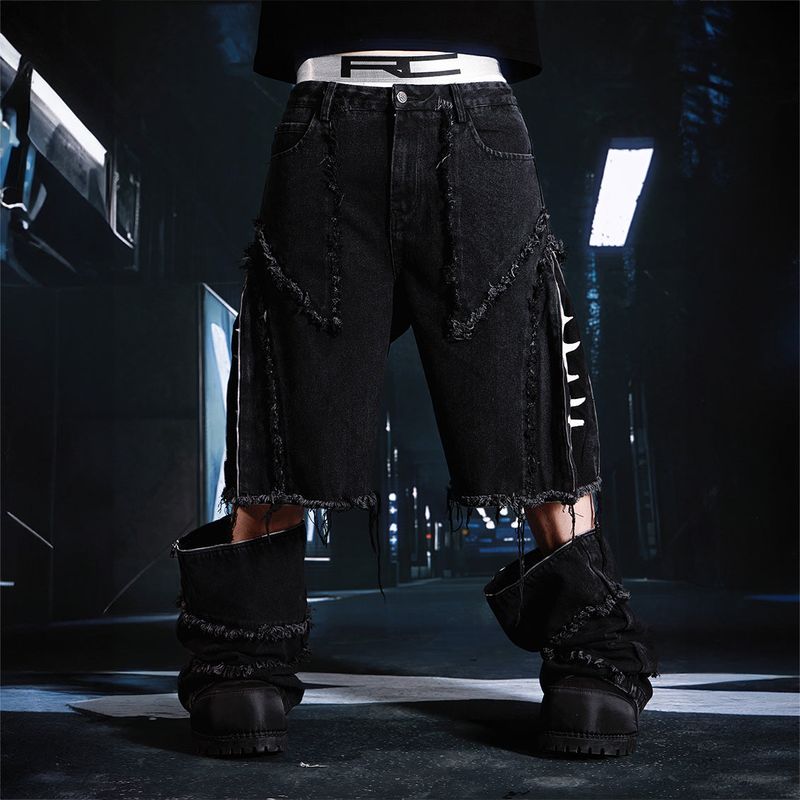 SEXXDEVIL Detachable 2-in-1 washed raw-edge jeans