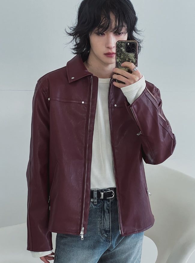 Star stud track line leather jacket