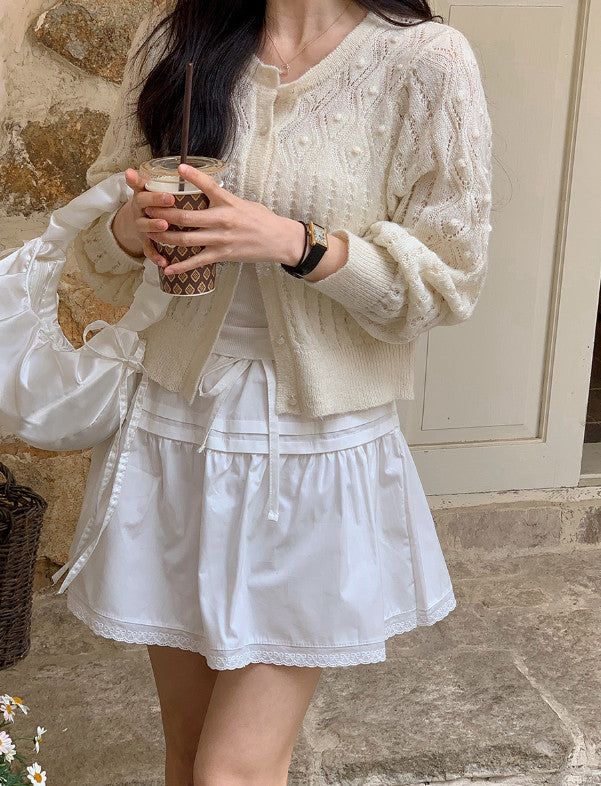Pintuck String Ribbon Lace Mini Skirt (3color)