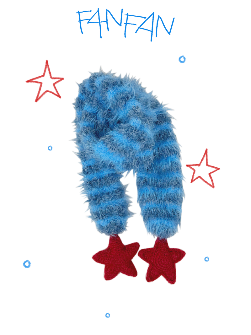 Fluffy Striped Scarf with Red Crochet Stars at Both Ends (Winter Sun Red &Glacier Blue)