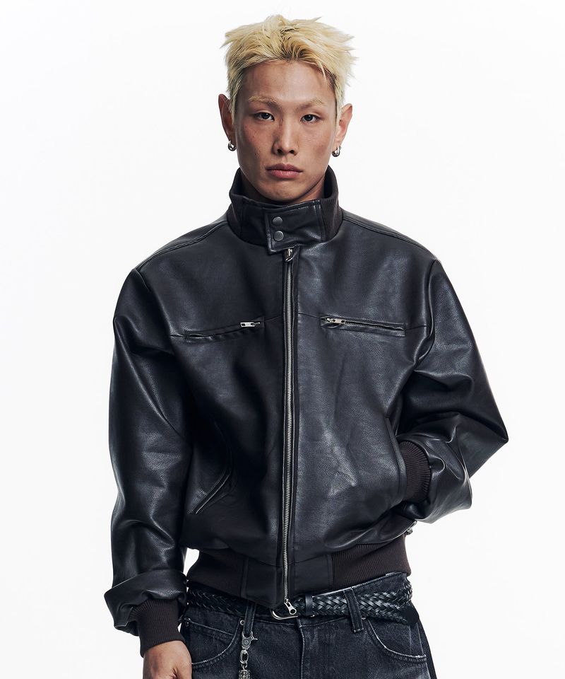 High Neck Leather Crop Jacket - Brown
