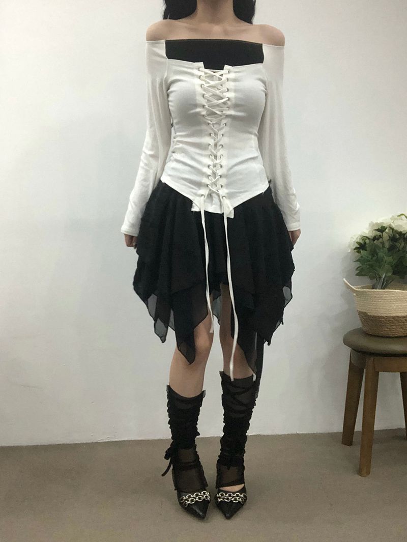Ribbon Corset Off-shoulder T