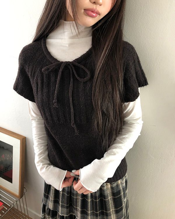 Moon Round-Neck Ribbon Layered Wool Short-Sleeve Knit