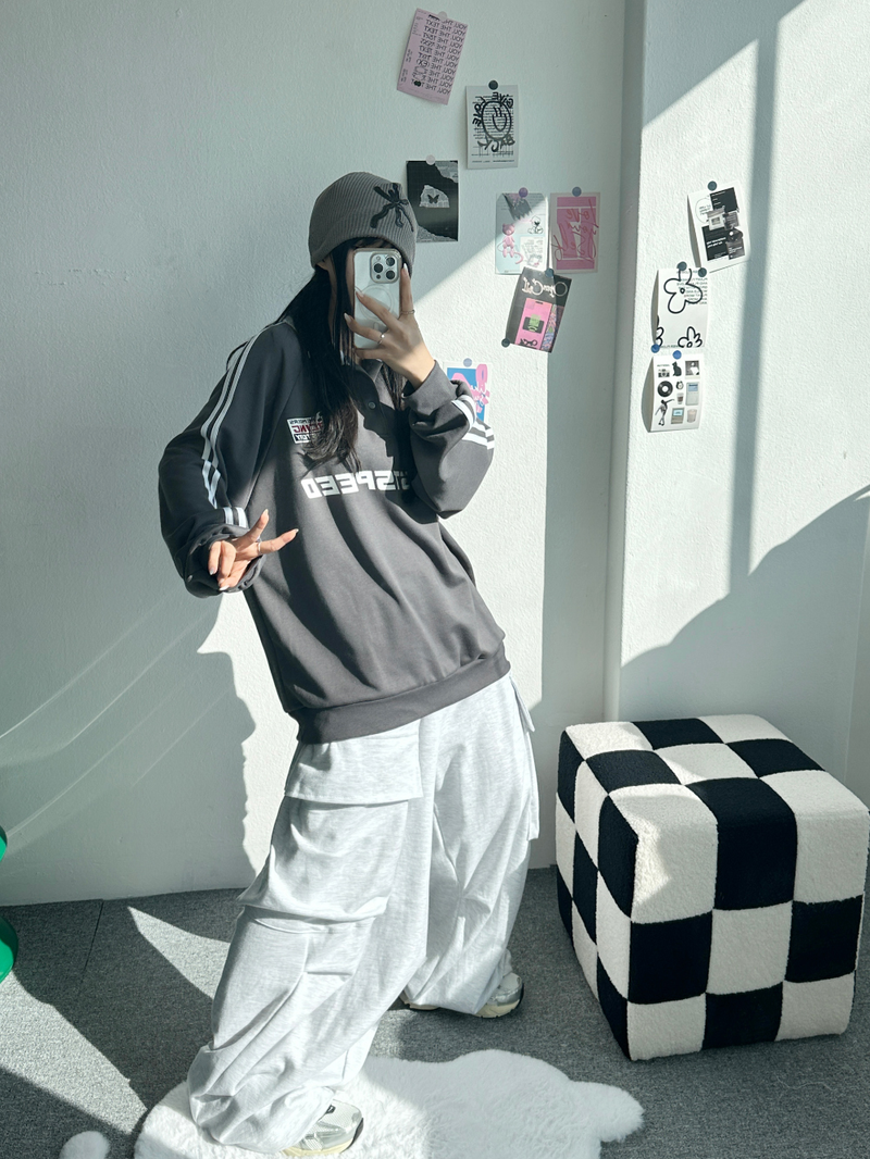 RAGLAN THREE-STRIPE COLLAR SWEATSHIRT🖤🩶🤍 - 3 COLORS