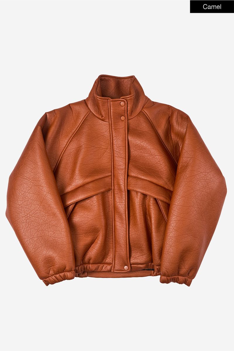 Puff raglan texture leather jumper