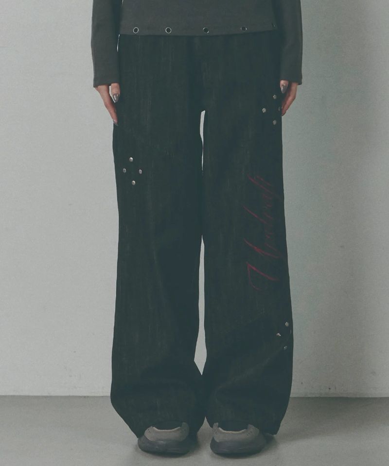 UPDRAFT（アップドラフト）の「サイド ピンタック リベット ワイド デニム パンツ [Washed Black]（パンツ）」