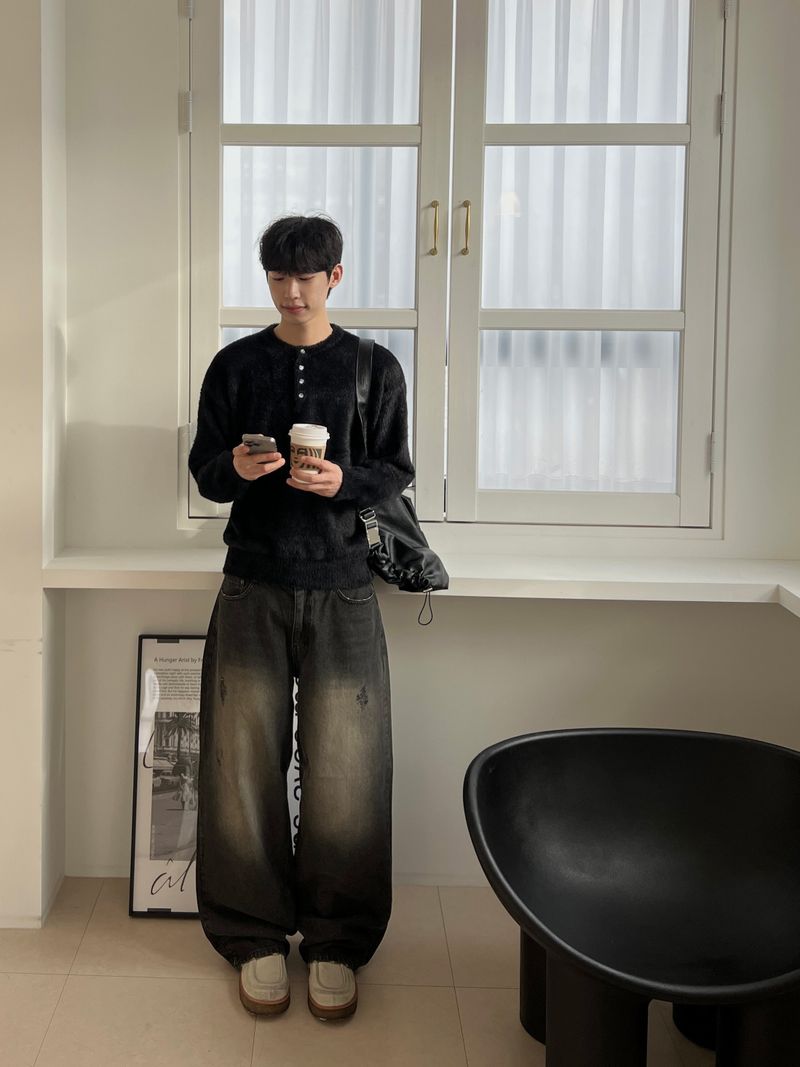 Rustic Black Denim Wide Pants (XS, S, M, L)