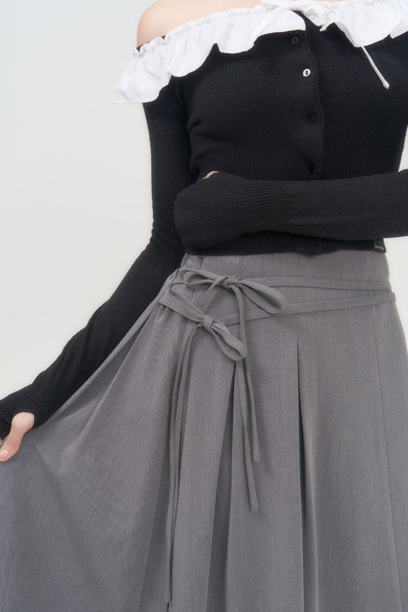 RIBBON FLARE LONG SKIRT (GRAY)