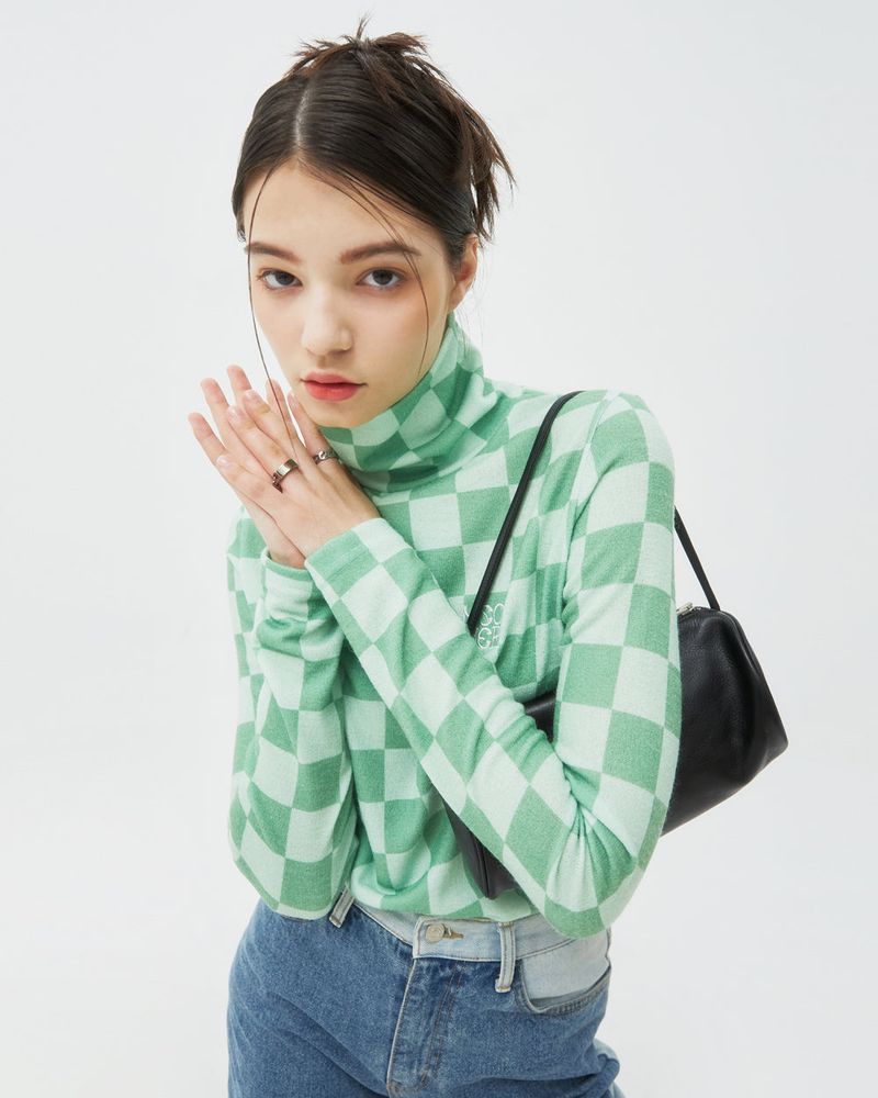 CHECKER BOARD TURTLENECK KNIT-GREEN