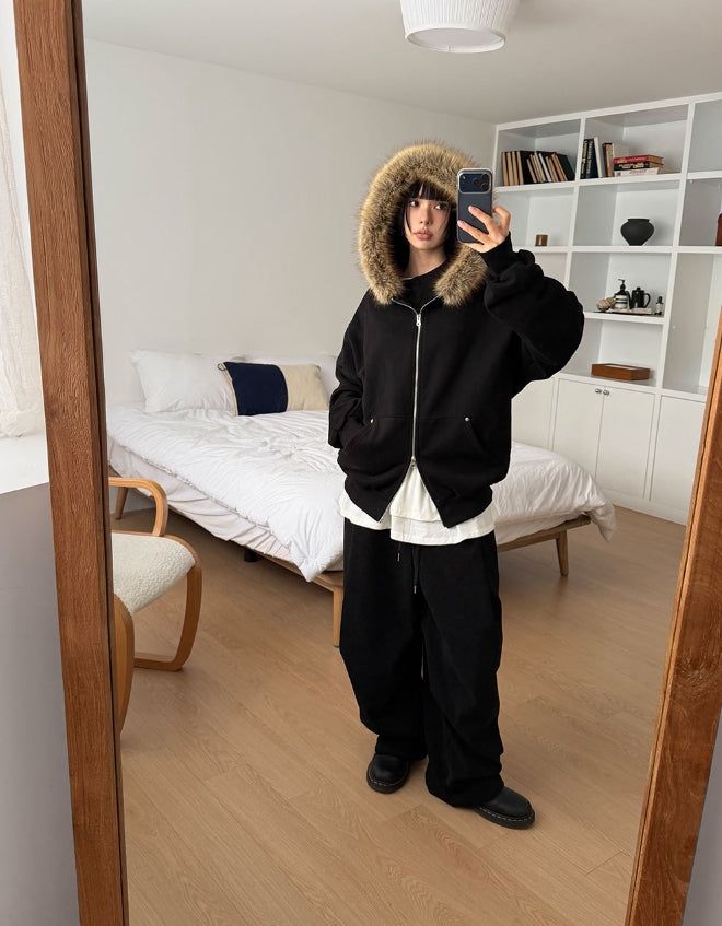 (Lining Brushed) STARRY FUR HOOD ZIP-UP