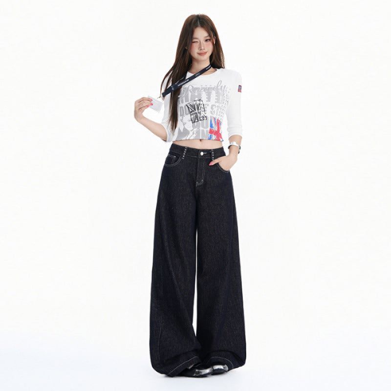 Dark Blue Washed Studded Wide-Leg Jeans