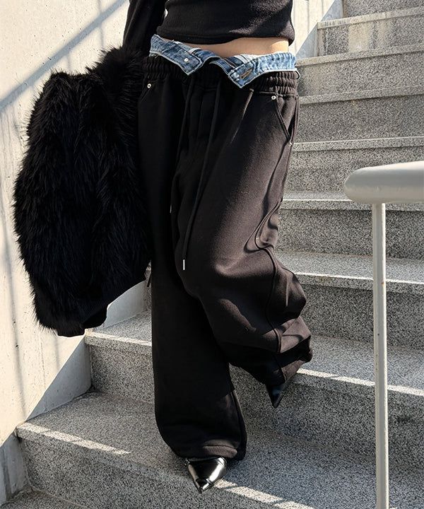 Denim layered sweat pants(2color)