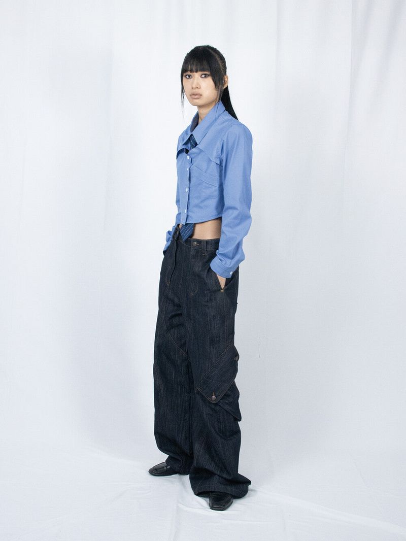 Crop Double Collar Shirts (Sky Blue)