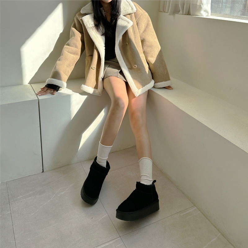 (COW LEATHER🤎🐑🐄) DALMATIAN UGG 4CM PLATFORM FUR BOOTS SHORT UGG
