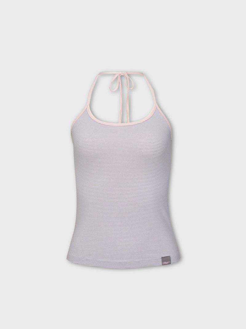 Stripe Two-Tone Halter Neck Top(PINKGREY)