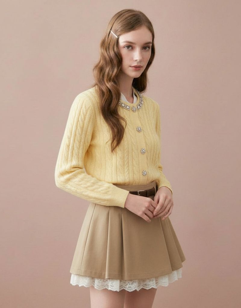Aria Beads Detail Wool Blended Cable Knit Cardigan Butter