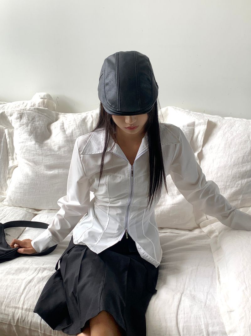 Philty strap cut-out zipper collar zip-up shirt jacket