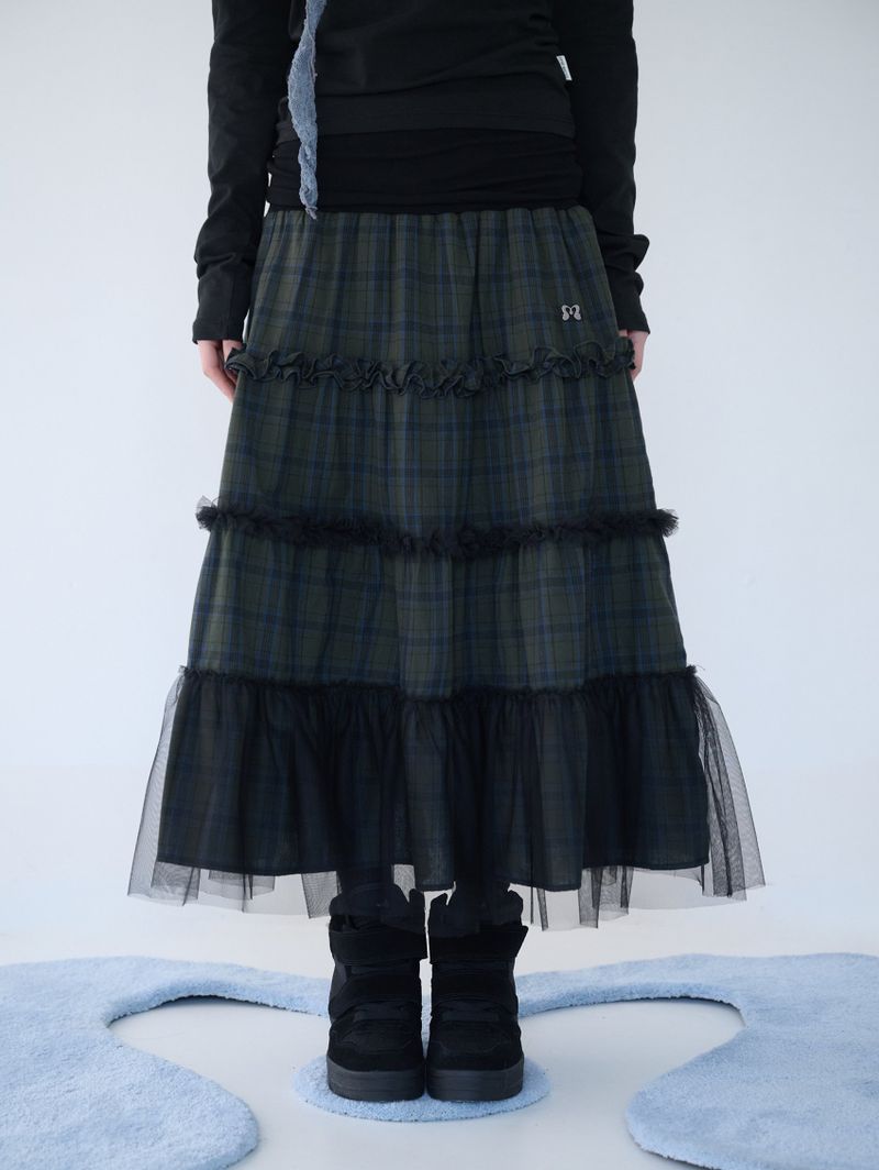 FOLDED CHECK FRILL MESH SK KHAKI