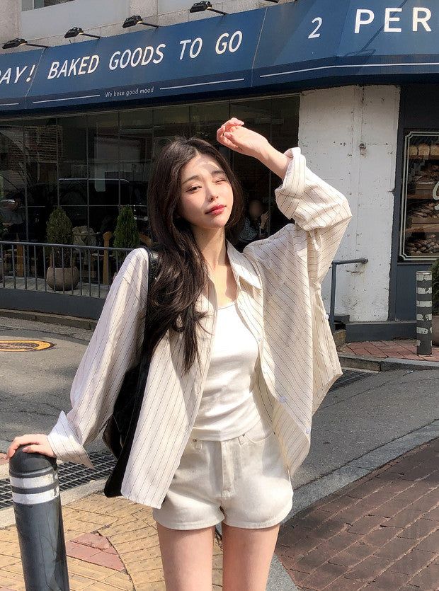 Today Loose Button Wrap Stripe Shirt (3color)