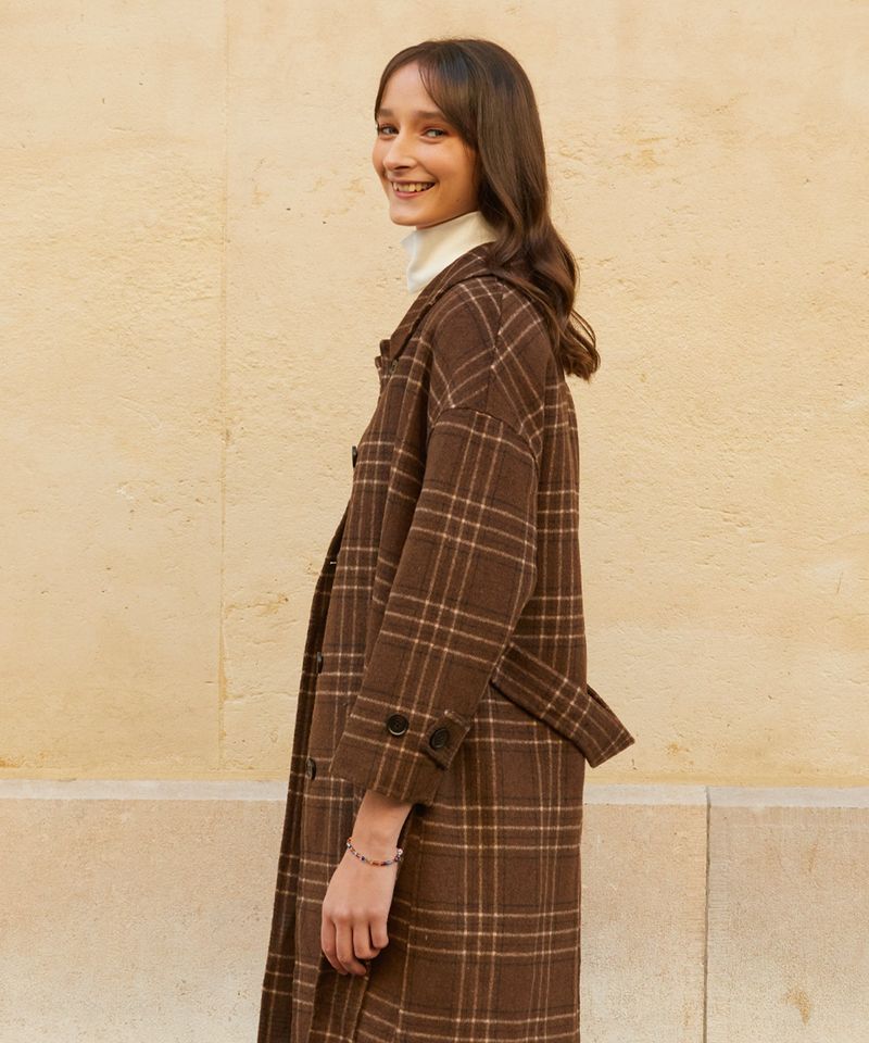 RCH cashwool blended robe coat check brown