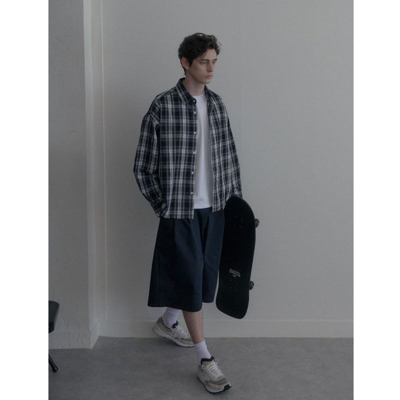 Vintage Washing gray blue check shirts