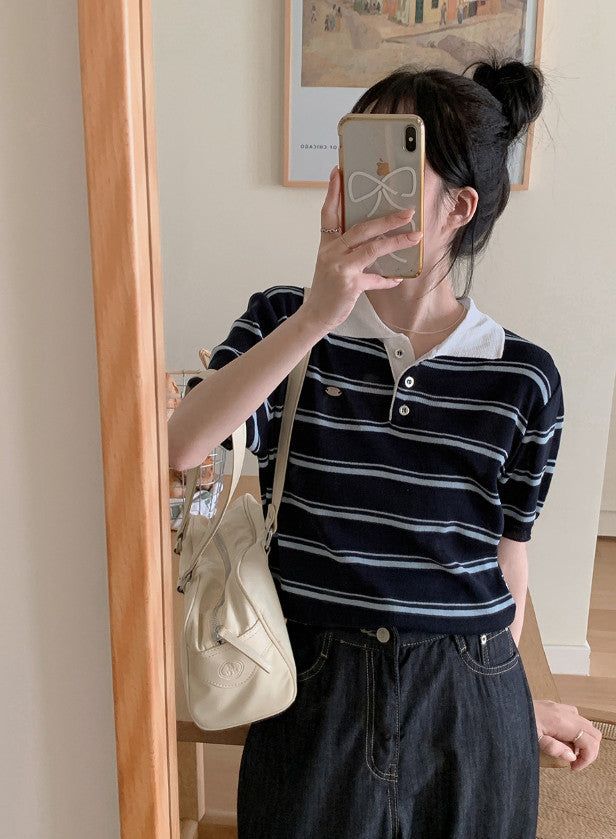 Border Collar Button Short Sleeve Knit (4color)