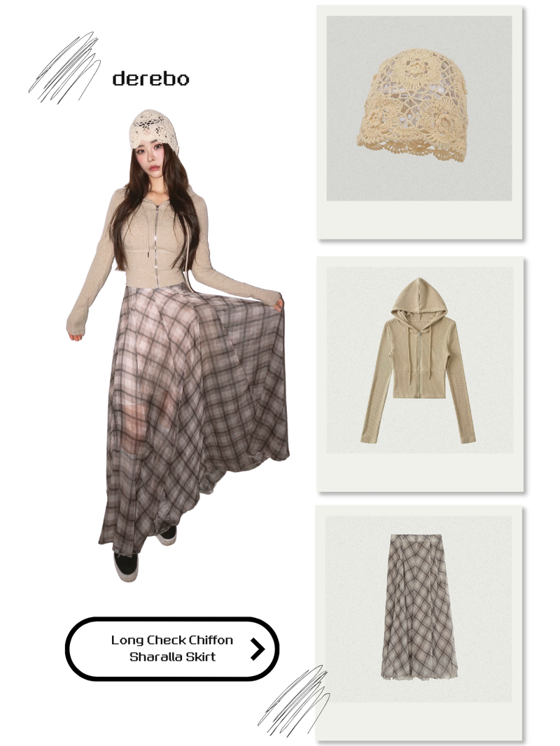 Long Check Chiffon Sharalla Skirt