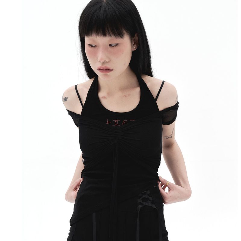212-mesh shirring off-shoulder