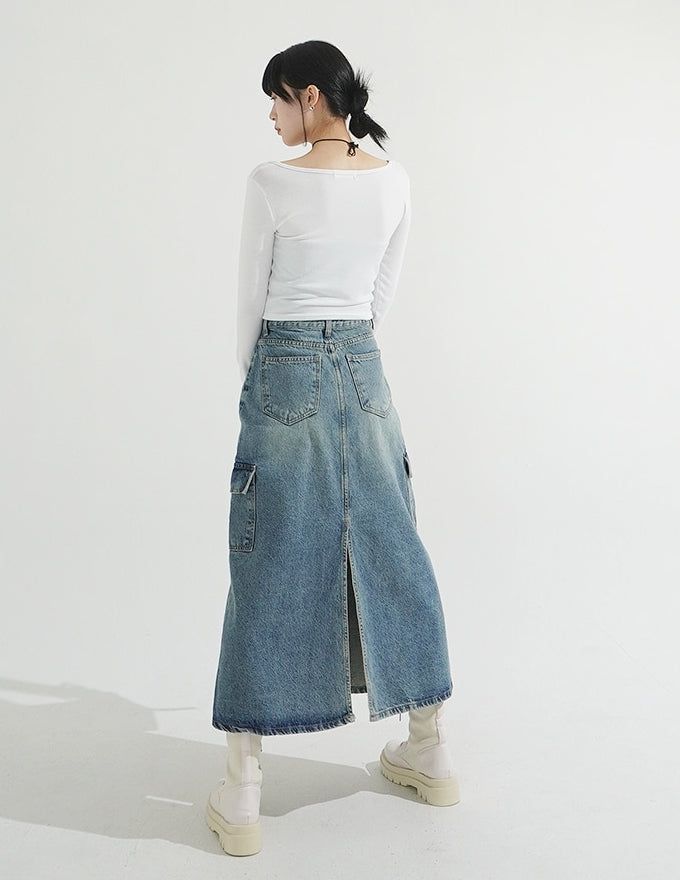 Back Slit Cargo Denim Long Skirt