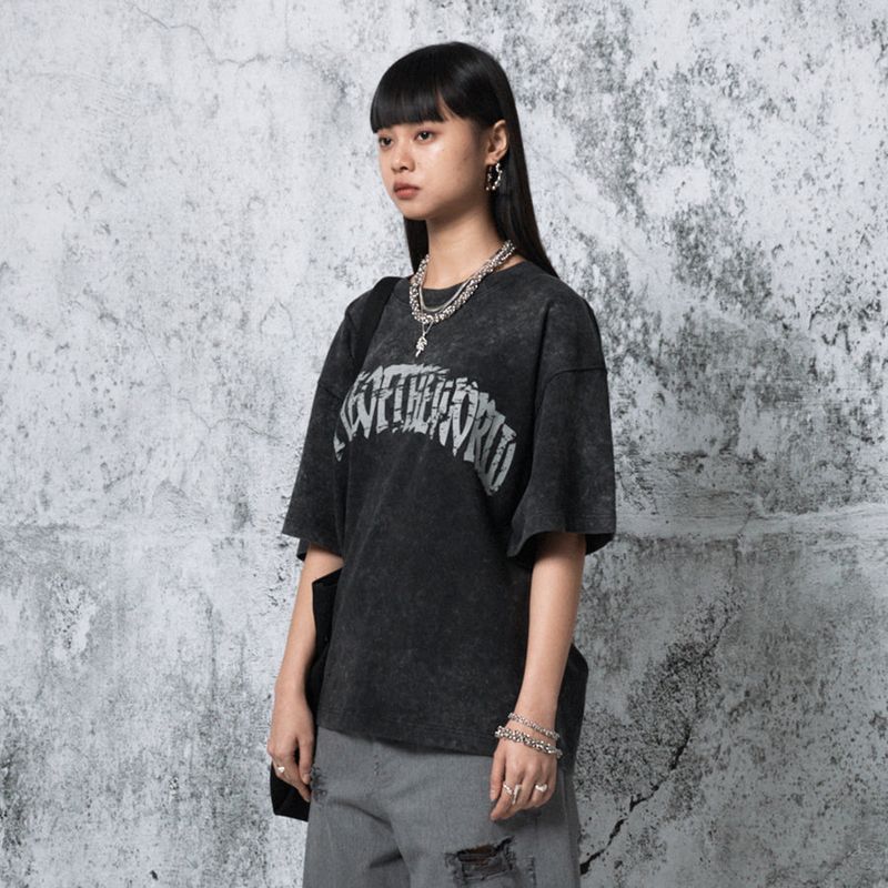 PEOPLEOFTHEWORLD(ピープルオブザワールド)の「ash-washed logo T-shirt (BLACK)(Tops)」