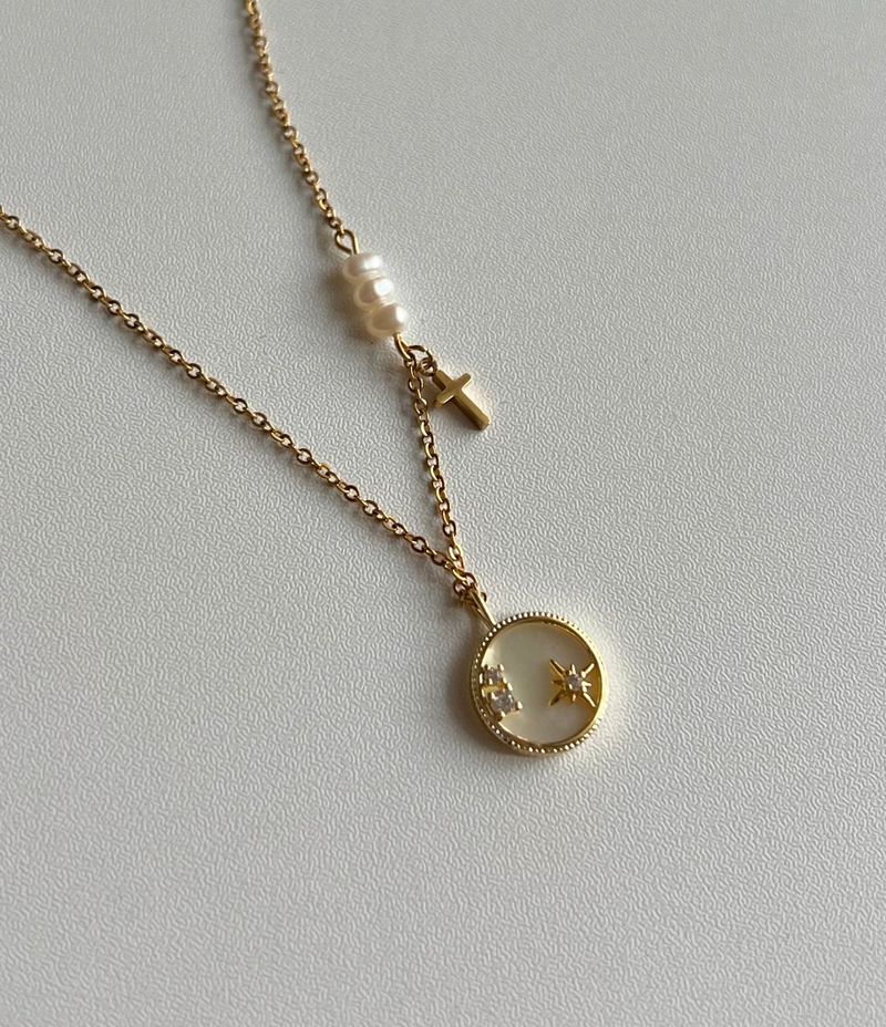 stv Moon Star Freshwater Pearl Stainless Steel Coin Layered Long Short Necklace