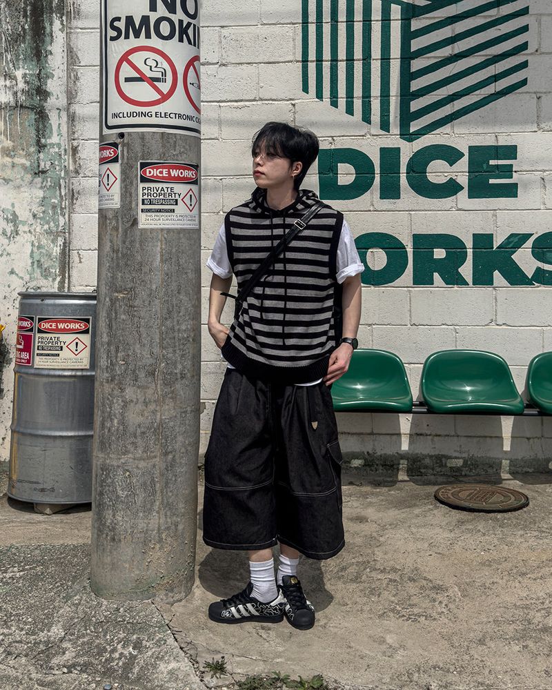 Broad Stripe Knit Hoodie Vest