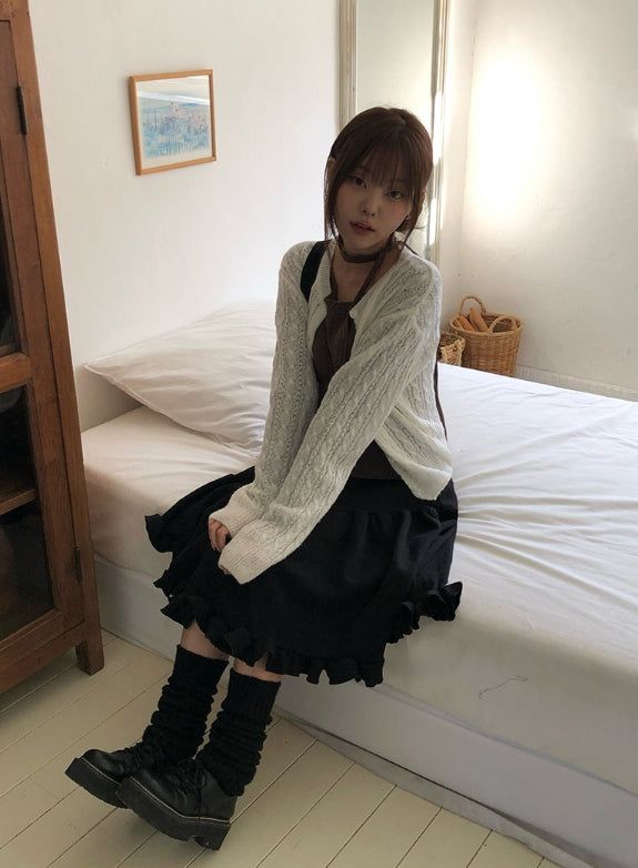Coun Jacquard Diagonal Shirring Frill Midi Skirt