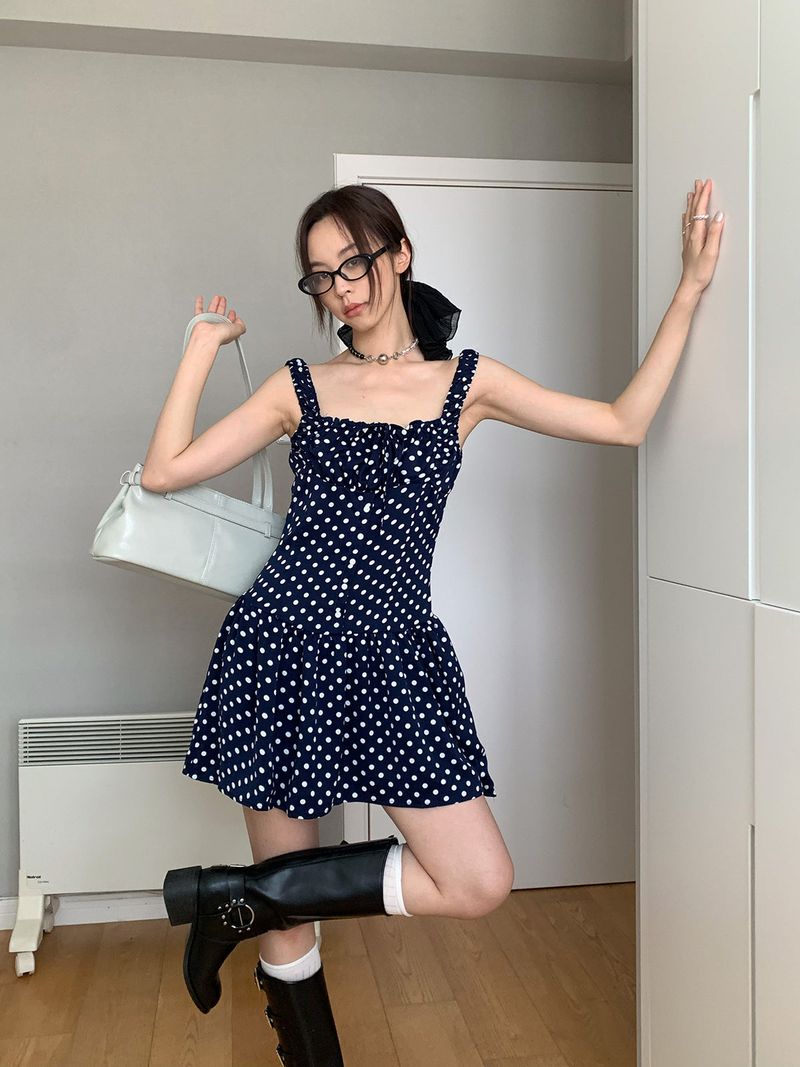Navy Dotted Square Neck Flared Dress