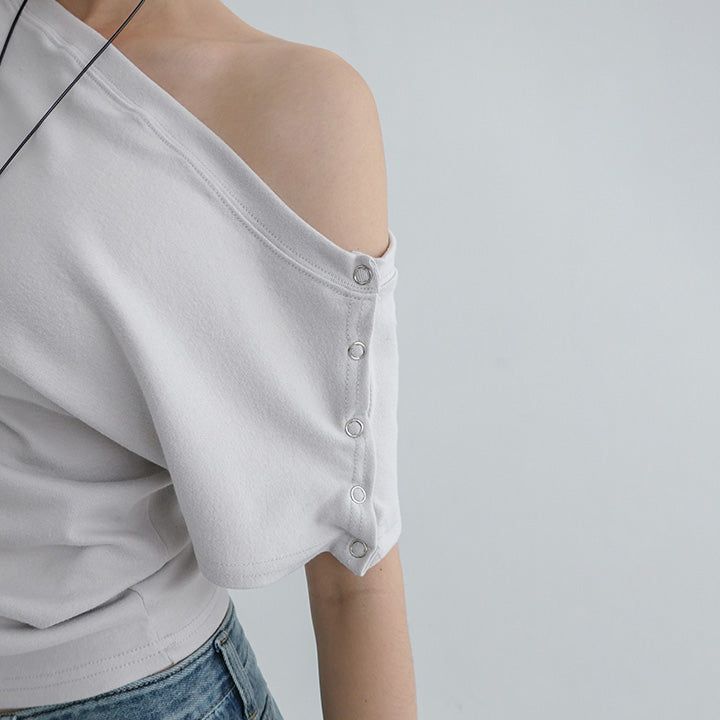 [Radiff] snap button one shoulder short-sleeved T-shirt - 4 color