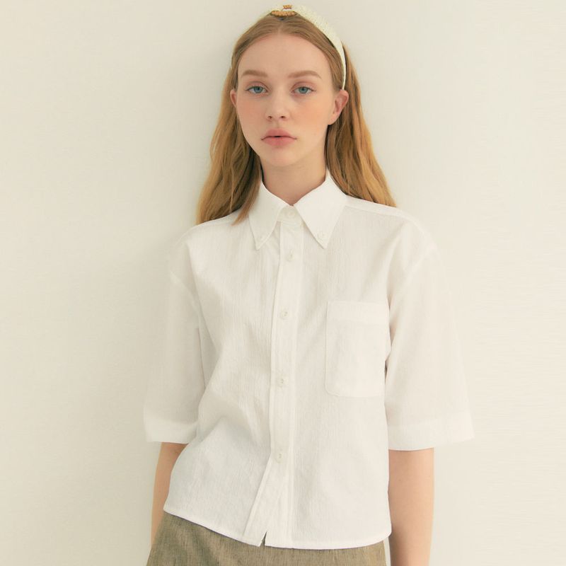 Stripe Wrinkle Pocket Crop Shirt (White)