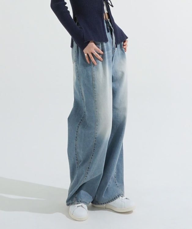 Side folding wide fit denim pants