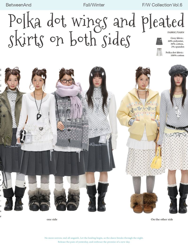 BETWEENAND 「Ling Xu Shuang Sheng」 Winter Academy – gray-and-white polka-dot pleated skirt with a separate inner skirt, available in two styles