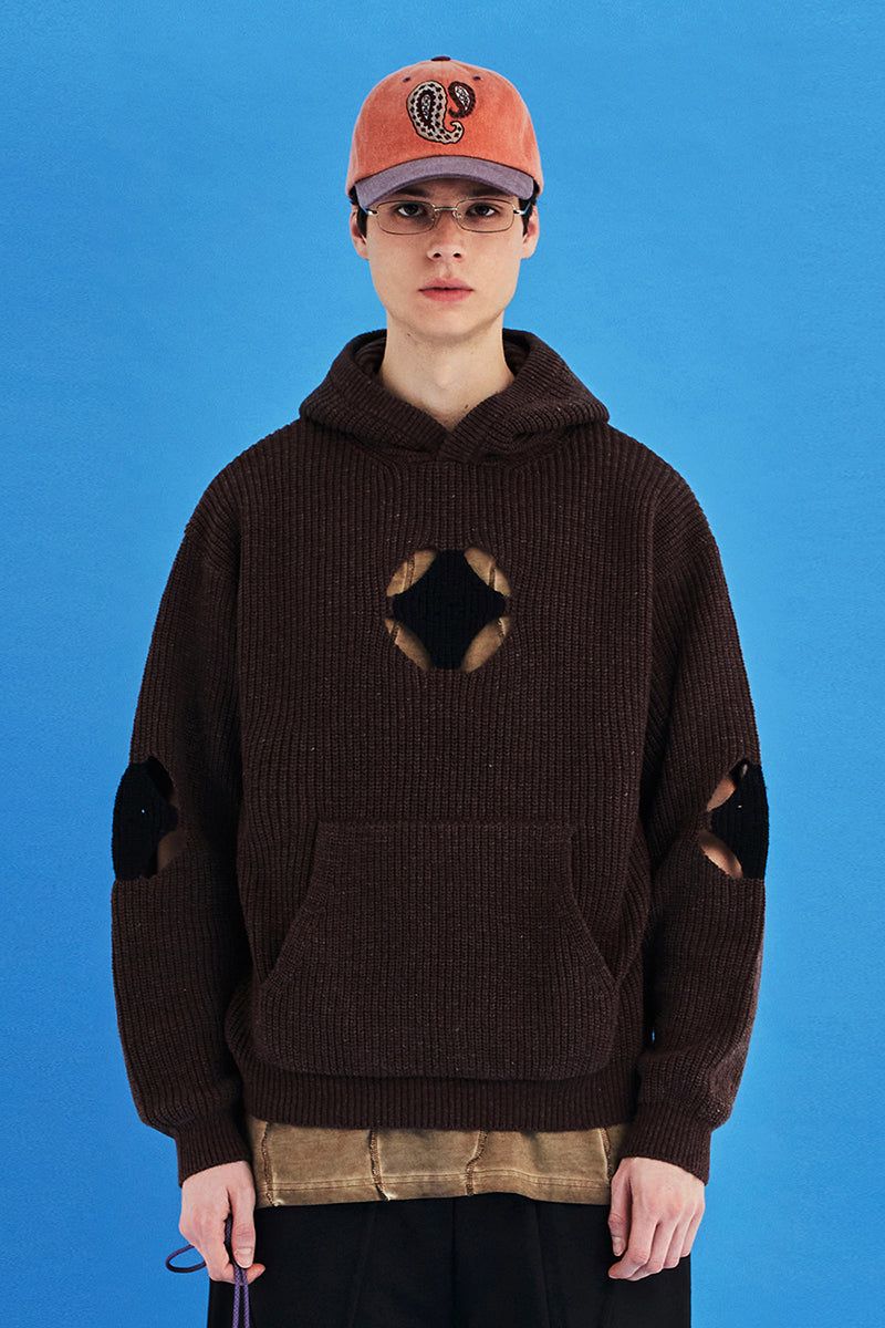 UNALLOYED（アナロイド）の「HOLE ARGYLE KNIT HOODIE / BROWN（Tops）」