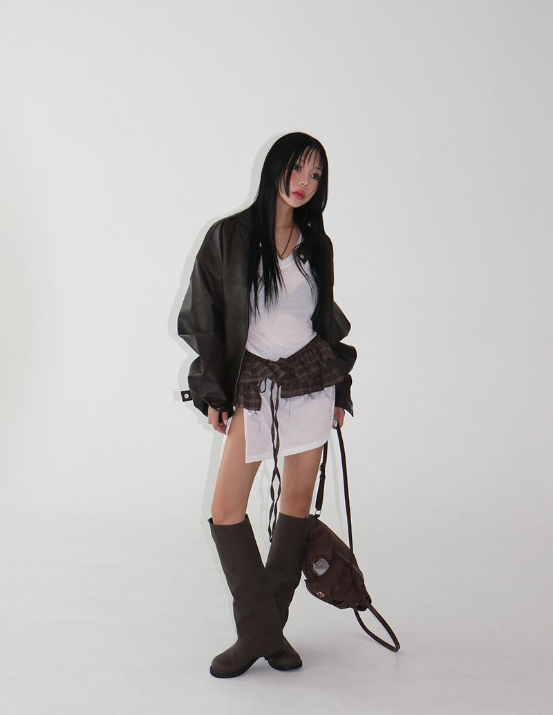 See-through Shirring V-neck Long T-shirt