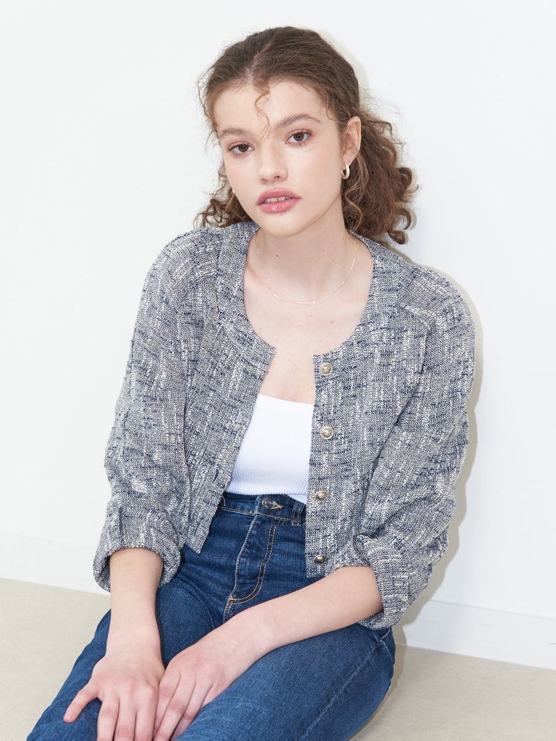 vem.ver(ベムバー)の「JENNY COTTON TWEED CROP CARDIGAN_NAVY(Tops)」