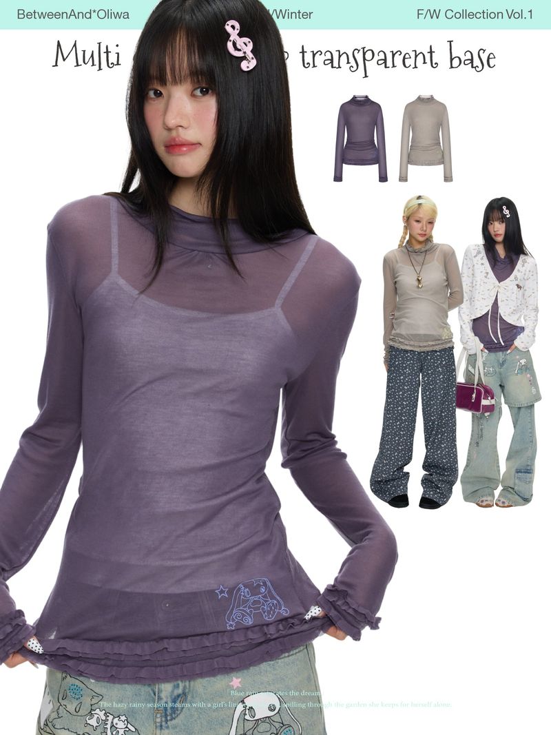 BETWEENAND（ビトゥウィーンアンド）の「BETWEENAND Thin layered top in multiple colors with a small high collar, rolled edges, and a semi-transparent texture – ideal for wearing in autumn（Tops）」