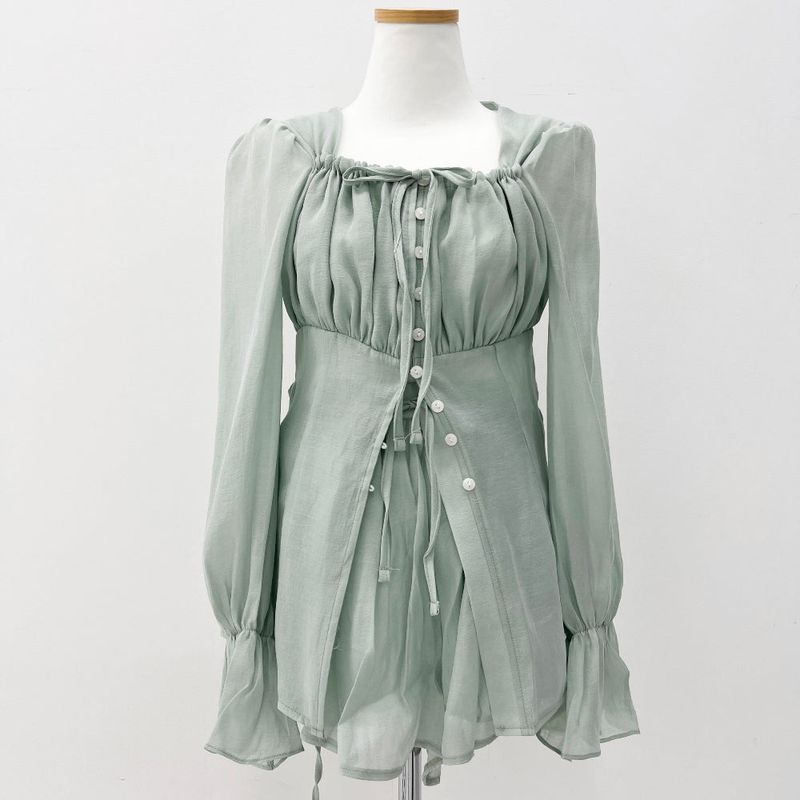 Ribbon puff strap blouse skirt pants setup SET (3 colors)