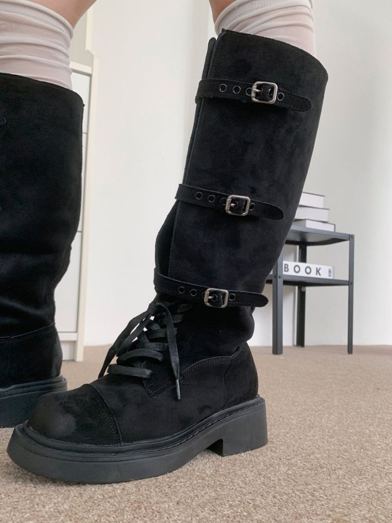 Kelvo Triple Buckle Belt Lace-Up Suede Oversole Long Boots (2 Colors)