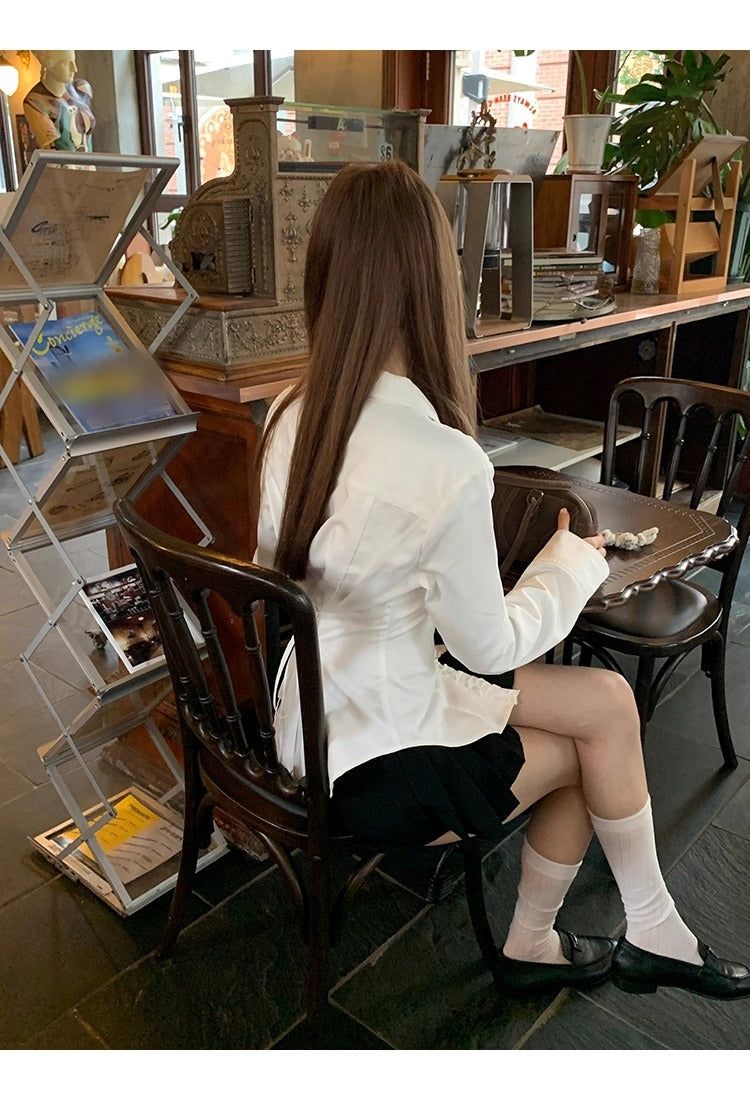White V-neck Frill Style Long-Sleeved Shirt
