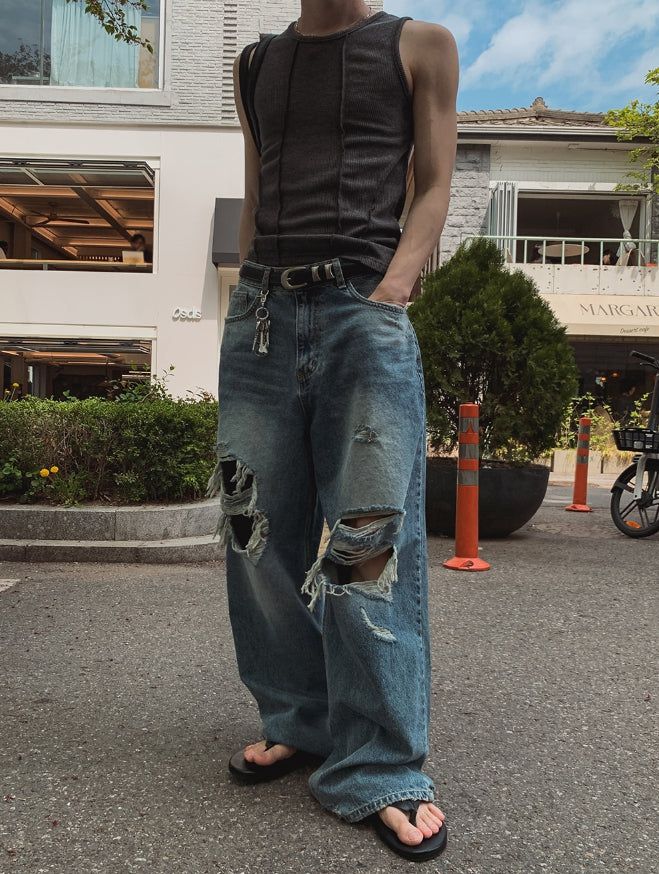 Road Damage Wide Denim Pants